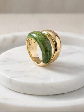 14K Gold Plated Double Band Ring | Green Enamel & Polished Gold Chunky Dome